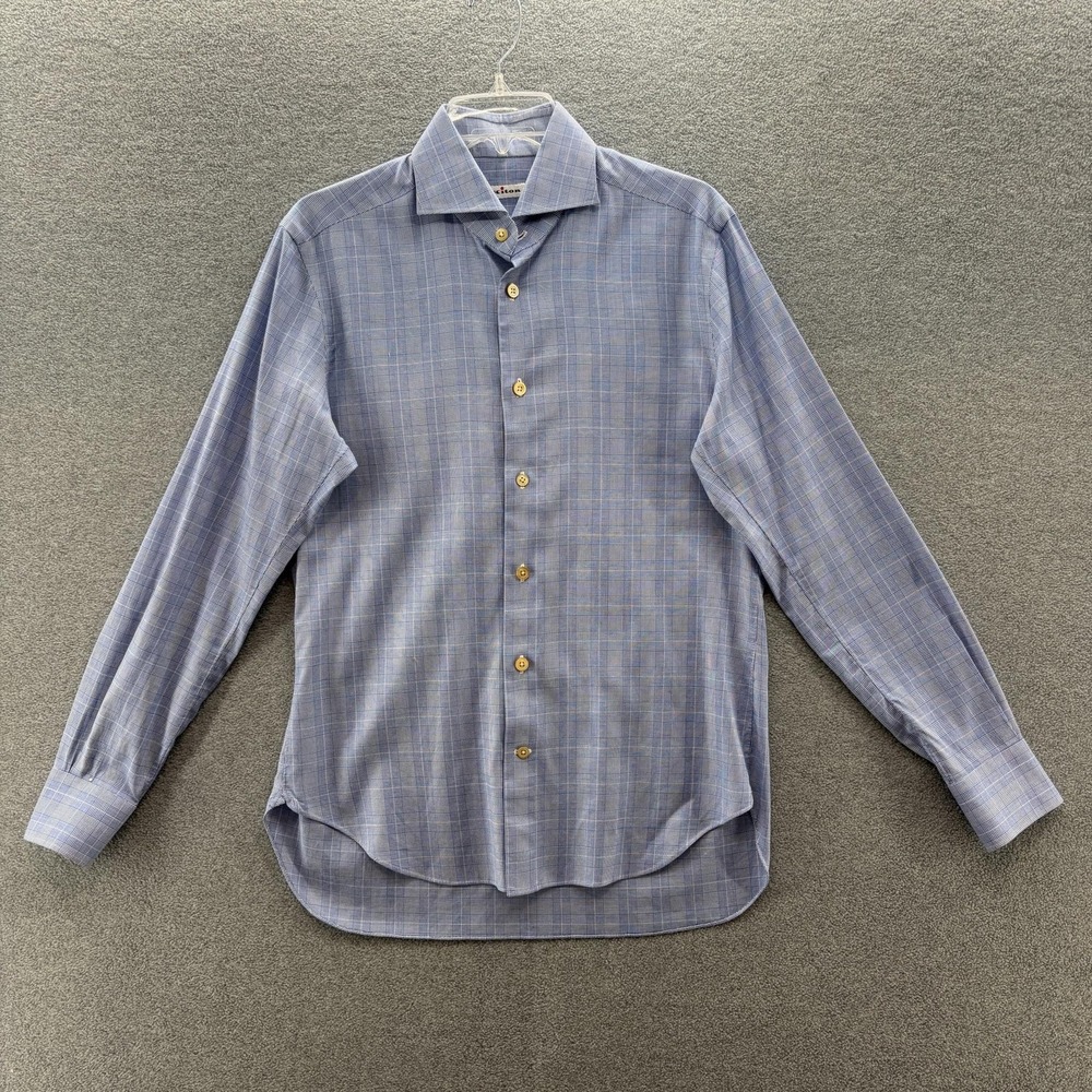 Kiton Dress Shirt Men 15.5 39 Blue Plaid Cotton Long Sleeve Slim Fit Woven Italy